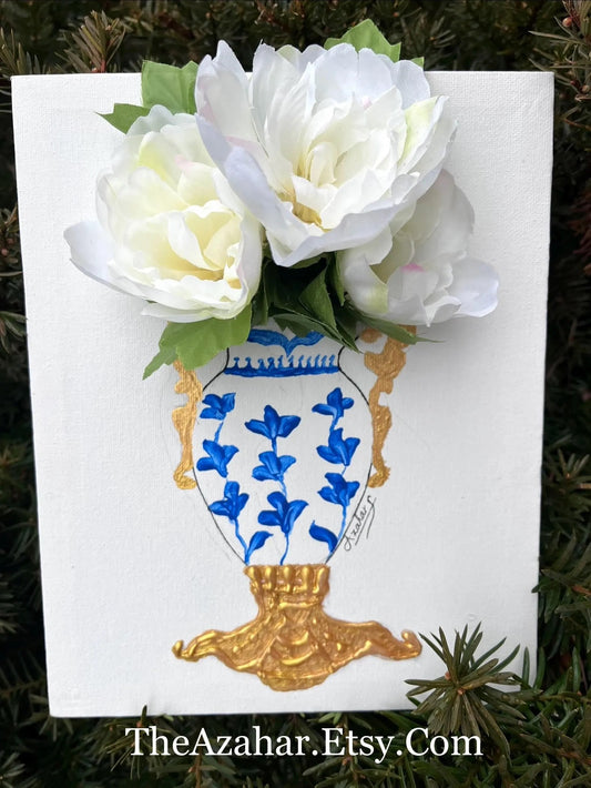 Hand-Painted Spanish Vase with White Peonies – Acrylic Floral Art on Canvas