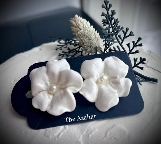 White Floral Polymer Clay Earrings with Pearl-Handmade Elegant Statement Earrings— Bridal & Special Ocassion Jewelry
