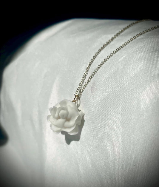 Silent rose — White Rrose Pendant Necklace, Minimalist Ivory Flower Jewelry, Elegant Sculpted bloom gift for her.