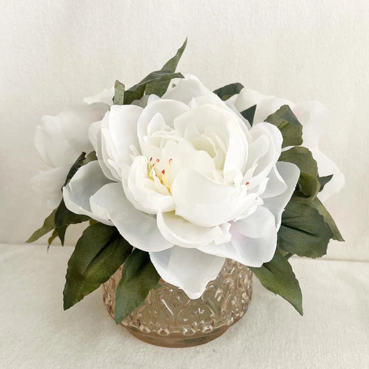 White Peonies Floral Arrangement, Amber Glass Vase