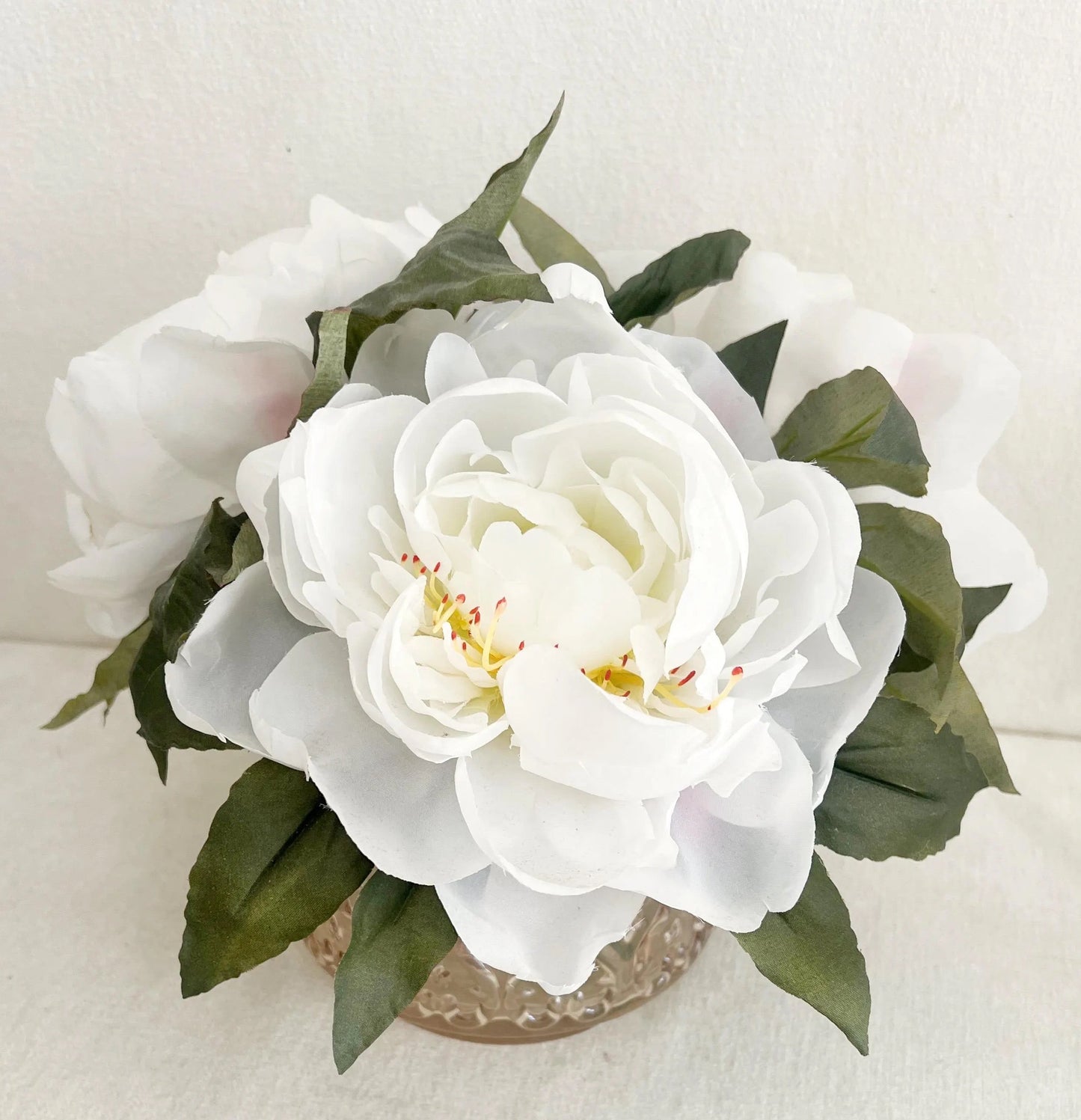 White Peonies Floral Arrangement, Amber Glass Vase