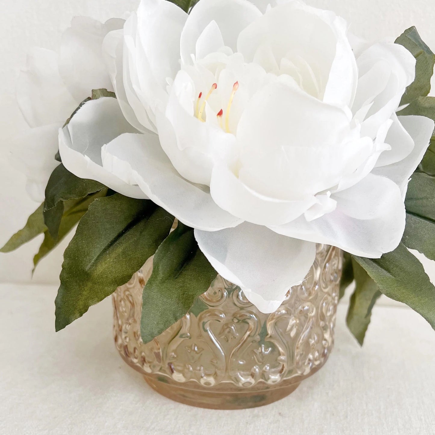 White Peonies Floral Arrangement, Amber Glass Vase