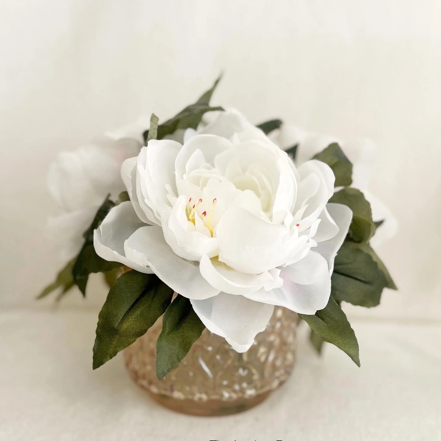 White Peonies Floral Arrangement, Amber Glass Vase